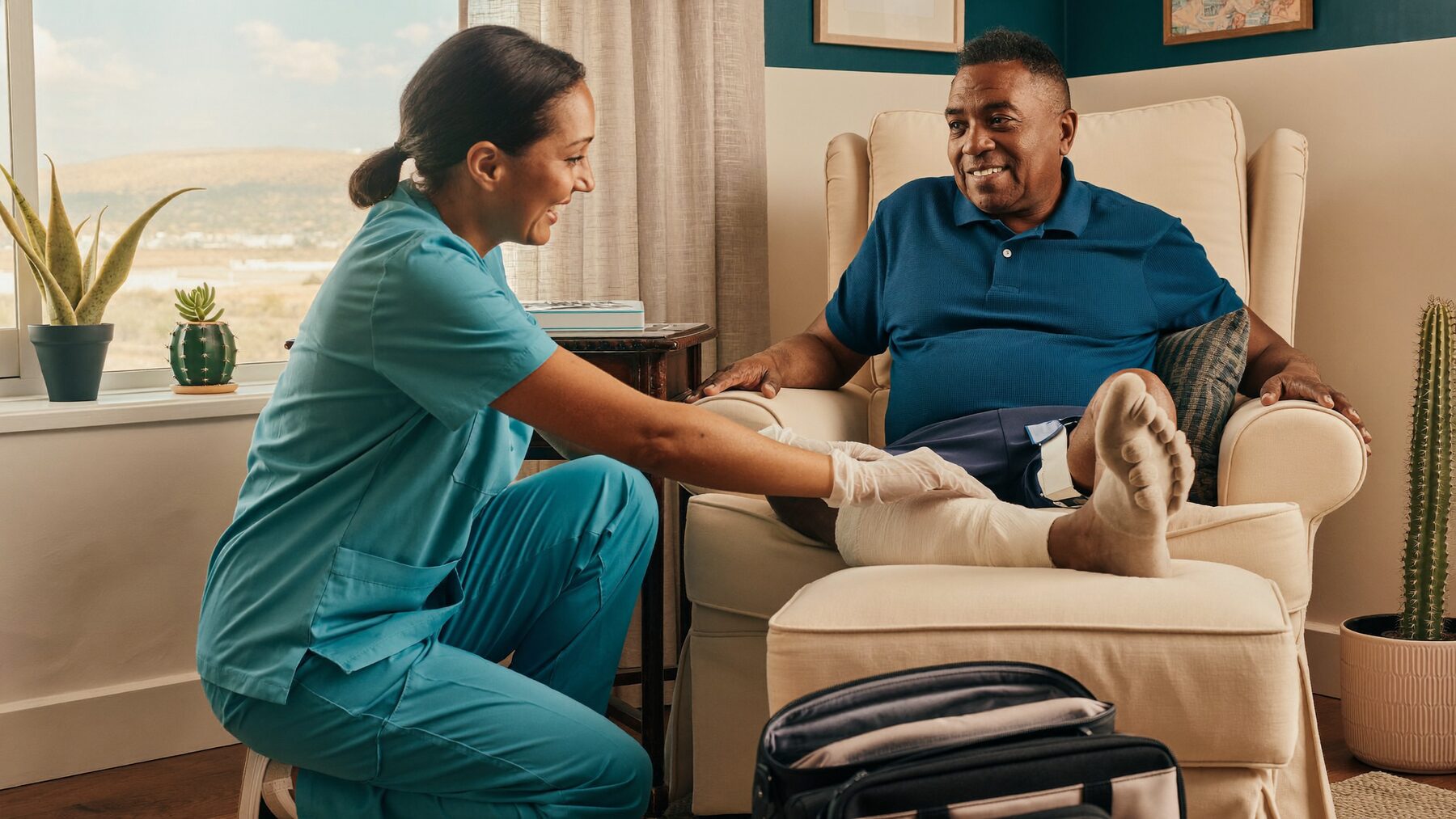 Wound care provider assessing a patient's lower leg at home.